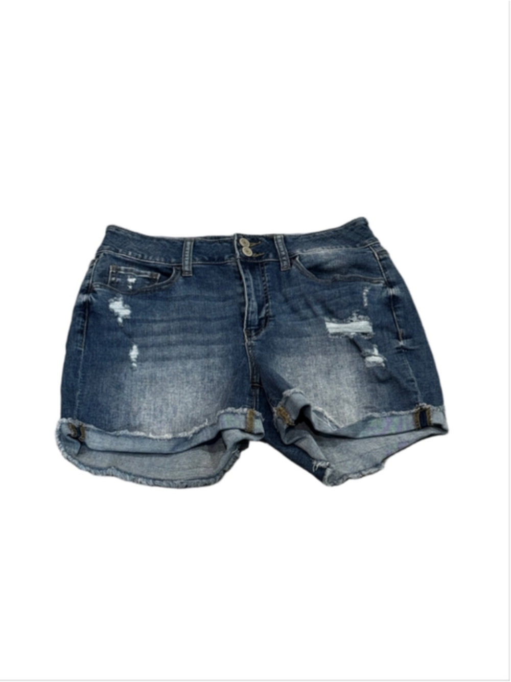 SO High Rise Curvy Midi Double Button Distressed Shorts